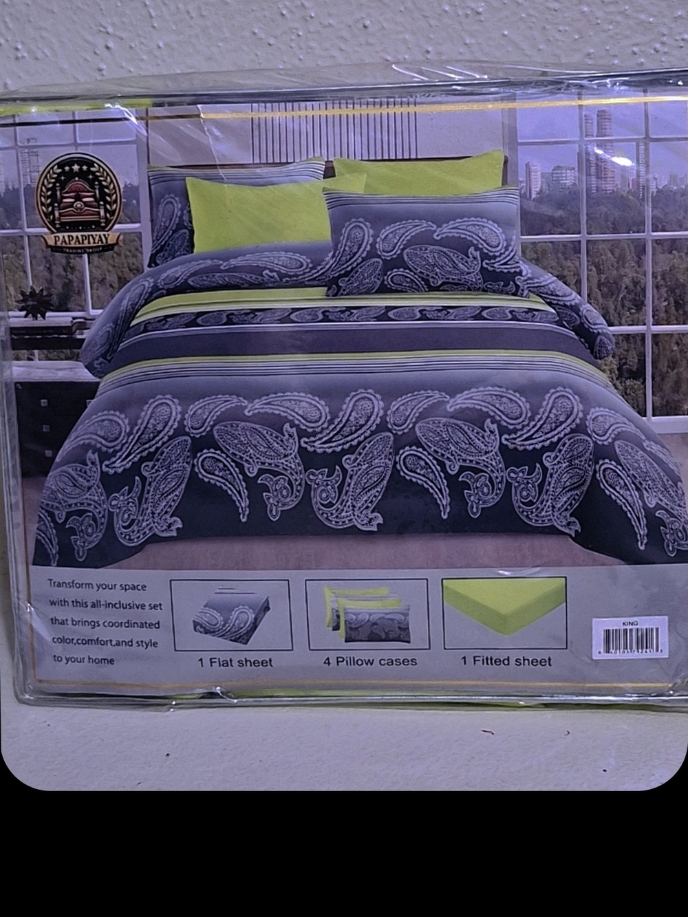 Paisley Sheet Set in Lime Green and Gray by